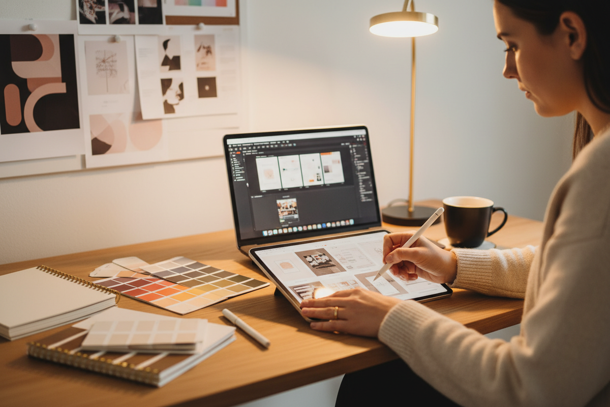 A highly detailed, realistic 4K hero image of a creative designer sitting at a modern desk, working on digital design templates on a laptop and tablet. Soft warm lighting from a desk lamp, aesthetic workspace with minimal décor, mood boards and template previews pinned on the wall. The scene shows hands actively designing social media posts or branding templates. Include subtle premium elements like gold accents, clean desk layout, coffee mug, and creative tools. Professional studio photography style, shall
